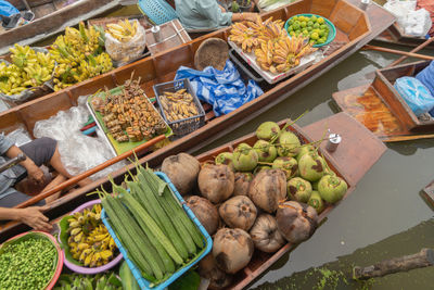 High angle view of fruits for sale at market stall