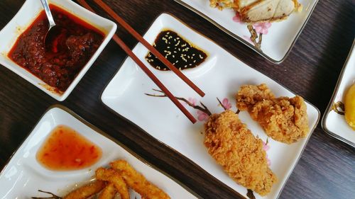 High angle view of food served on table