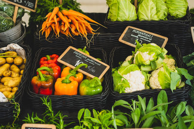 High angle view of vegetables  for sale at market stall