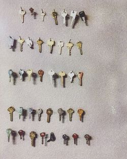 Close-up of various keys hanging on wall