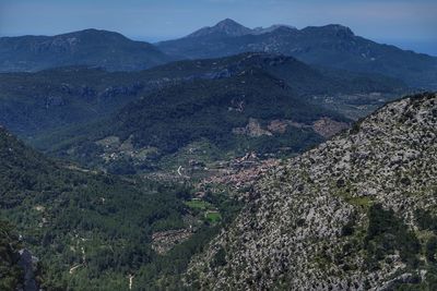 High angle view of mountains against sky