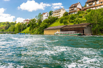 Beautiful view of the rhine river in turquoise, at the source in switzerland.