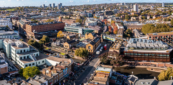 Aerial view of the camden lock market in london, united kingdom.