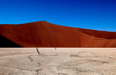 Scenic view of desert against clear blue sky