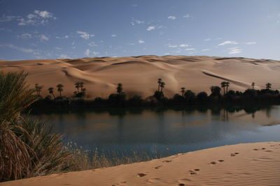 Scenic view of desert against sky with sahara lake oaisis 