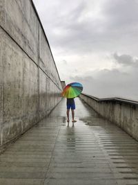 Rear view of man on water against sky