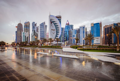 View of modern buildings against cloudy sky