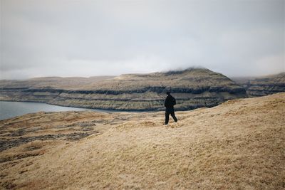 Rear view of man walking on shore against sky