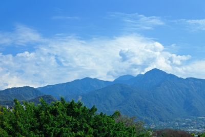 Scenic view of mountains against cloudy sky