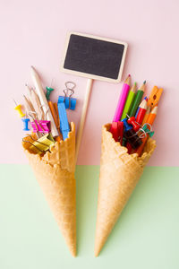 Close-up of multi colored pencils on table