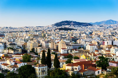 Cityscape against clear sky