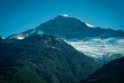 Scenic view of snowcapped mountains against clear blue sky