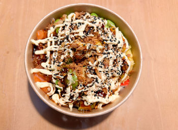 High angle view of food in bowl on table