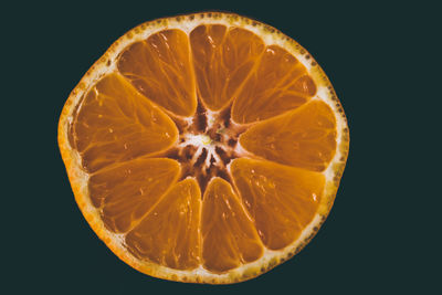 Close-up of lemon slice against black background