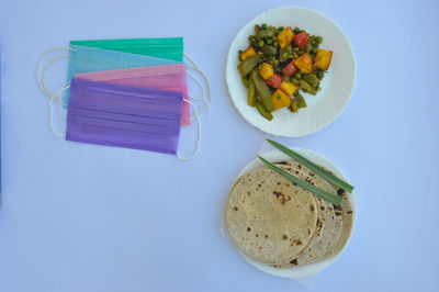 High angle view of breakfast served on table