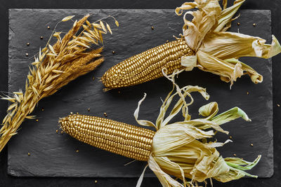 High angle view of dried leaves on table
