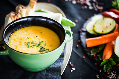 Close-up of soup served in bowl