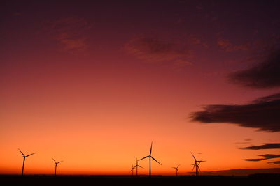 Silhouette of wind turbines at sunset