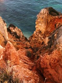 High angle view of rock formations by sea