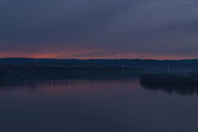 Scenic view of lake against sky at sunset