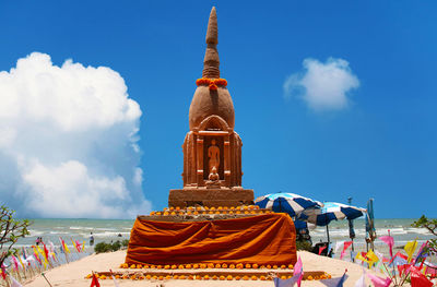 Low angle view of temple against building