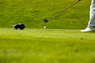 Low section of person playing with ball on grass