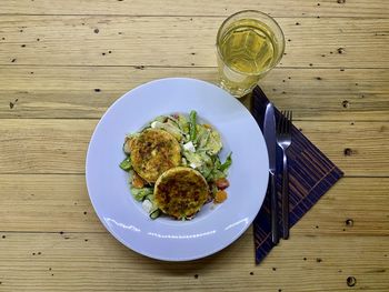 High angle view of breakfast served on table