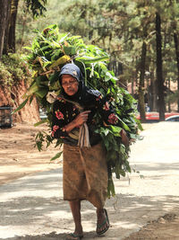 Senior woman carrying plants on road