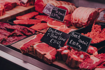 Variety of meats and meat products on sale at a food market stall in london, uk.