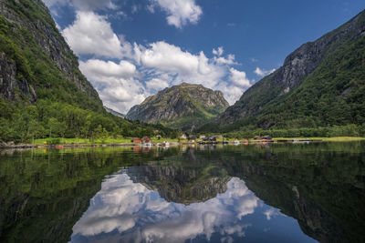 Scenic view of lake and mountains against sky