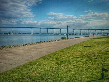 Scenic view of river against cloudy sky