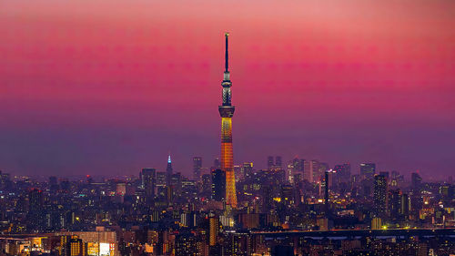 Illuminated cityscape against sky during sunset,tokyo city. 