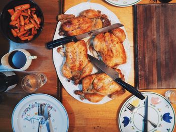 High angle view of breakfast on table