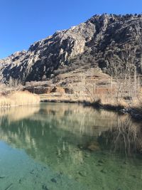 Scenic view of lake by mountains against clear sky