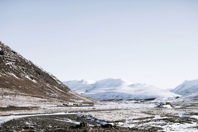 Scenic view of snowcapped mountains against clear sky