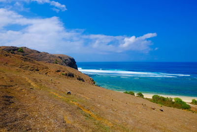 Scenic view of sea against blue sky