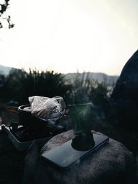 Close-up of drink on table against clear sky