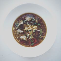 High angle view of soup in bowl on table