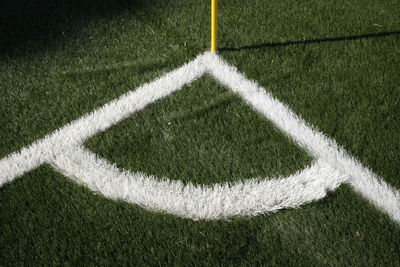 High angle view of corner marking on soccer field