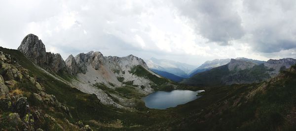 Panoramic view of mountain range against sky