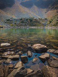 Aerial view of lake and rocks