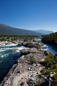 Scenic view of landscape against clear blue sky