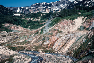 Scenic view of snowcapped mountains in valley of geysers