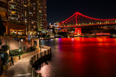Illuminated bridge over river at night