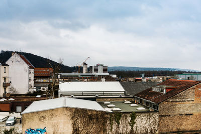 High angle view of buildings against sky