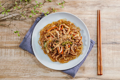 Directly above shot of noodles in bowl on table