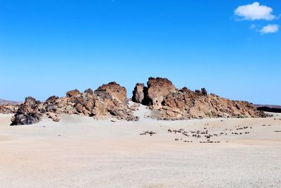 Scenic view of rock formations against clear blue sky