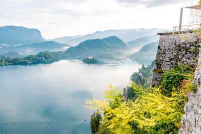 Amazing panoramic view of lake bled from the lookout point of the bled castle