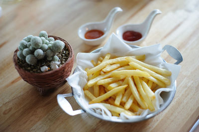 High angle view of food served on table