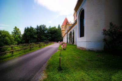 Road amidst trees and buildings against sky